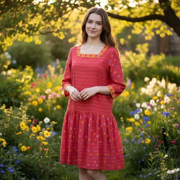 Gudrun Sjoden Dresses & Skirts - GUDRUN SJODEN Colorful Cotton Silk Dropwaist Dress Coffee Bean Print Floral‎ XS